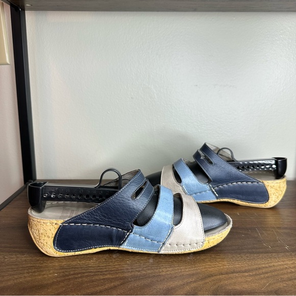 Karyoka Blue & Gray Leather Wedge Sandals Sz 38 - Picture 2 of 6